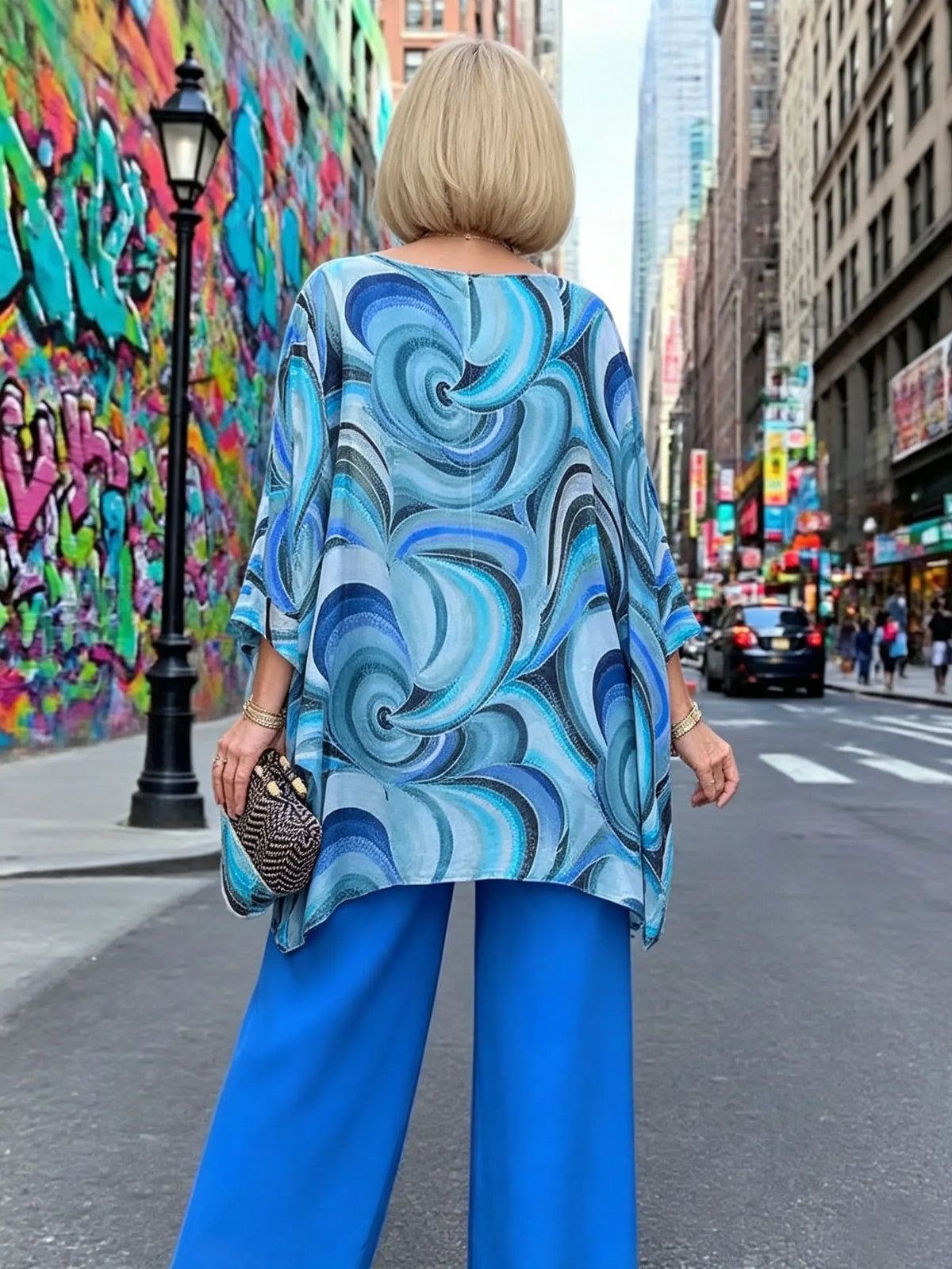 Vibrant Swirl Print Chiffon 2‐Piece Outfit, Loose Boat Neck Tunic Top & Bright Wide‐Leg Pants Set for Women