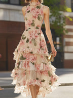 Charming Beige Chiffon Layered Dress with Pink Floral Print
