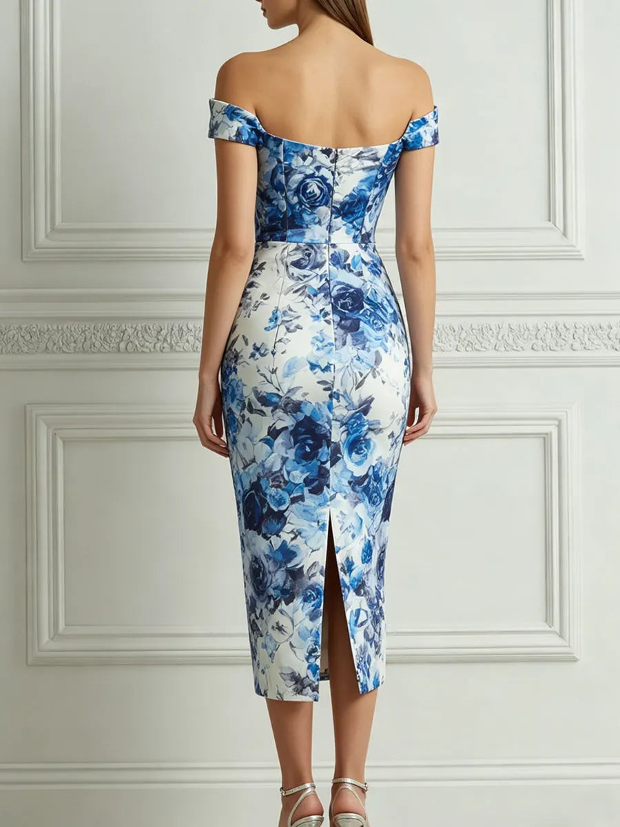 Elegant Blue Watercolor Floral Print Midi Dress
