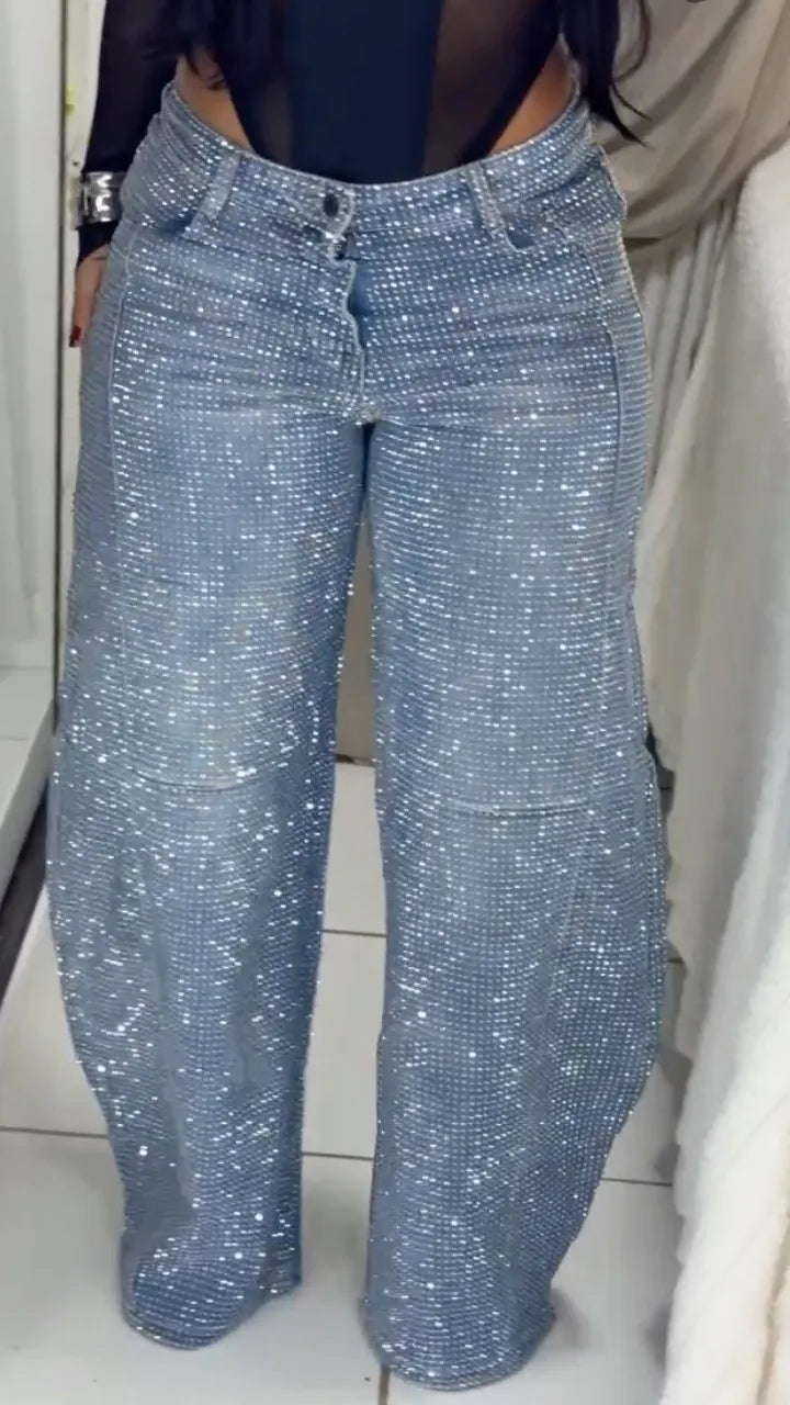 Over Rhinestone High Waist Wide Leg Jeans