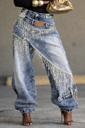Rhinestone Fringe Double Waistband Wide Leg Denim Jeans