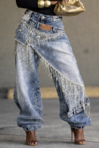 Rhinestone Fringe Double Waistband Wide Leg Denim Jeans