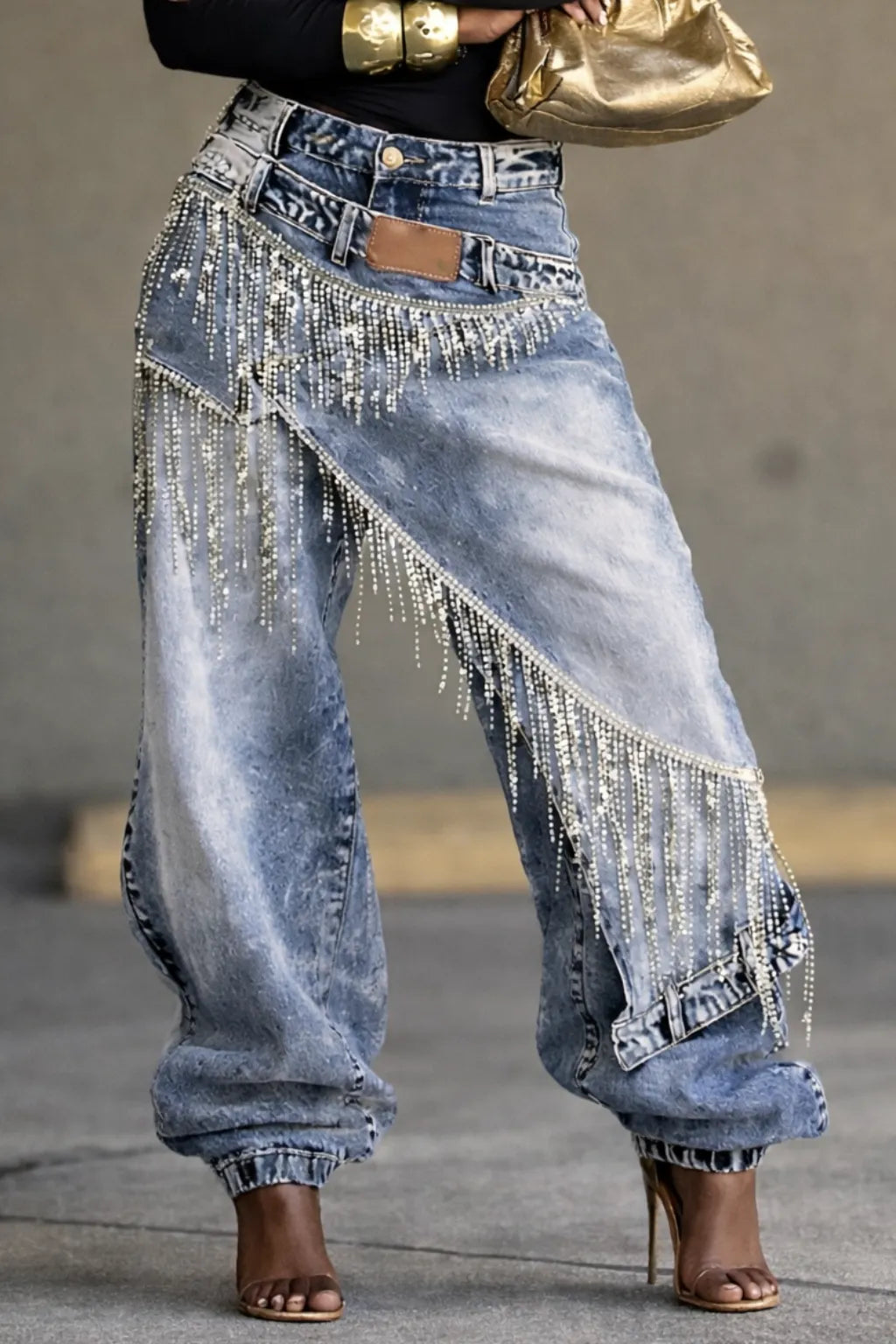 Rhinestone Fringe Double Waistband Wide Leg Denim Jeans