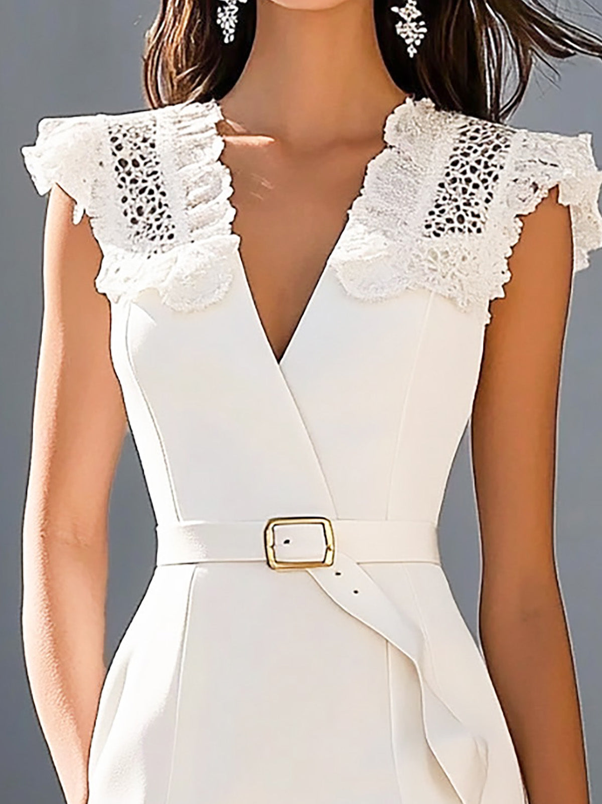 Chic White Lace Shoulder Dress with Belt