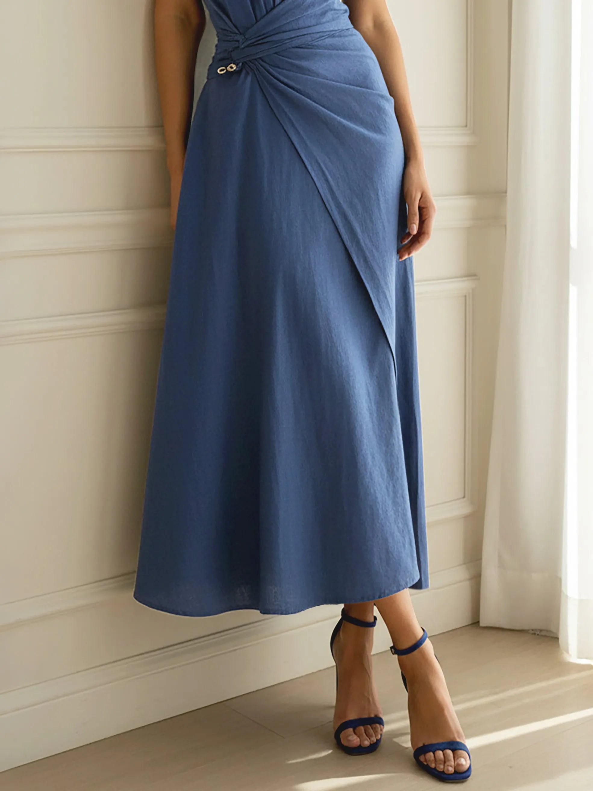 Midi Linen Dress, Cap Sleeves, Round Neck, Plain, French Vintage, Deep Blue
