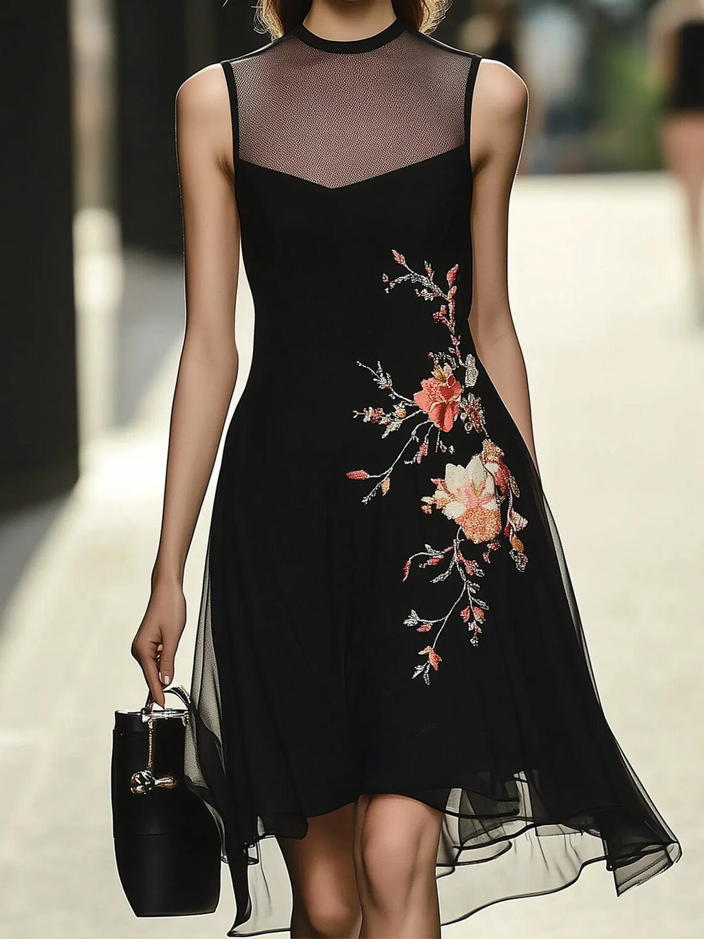 Chic Black Chiffon Dress With Floral Embroidery