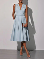 Light Blue Lace V Neck Sleeveless A-Line Midi Dress