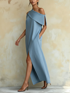 Light Blue Tencel Denim Asymmetrical One Shoulder Maxi Dress