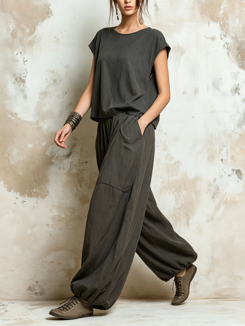 Dark Grey Oversized Linen Blend Harem Pants & Cap Sleeve Top Set