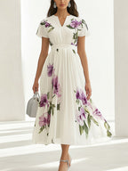 Elegant White Chiffon Floral Print A-Line Dress