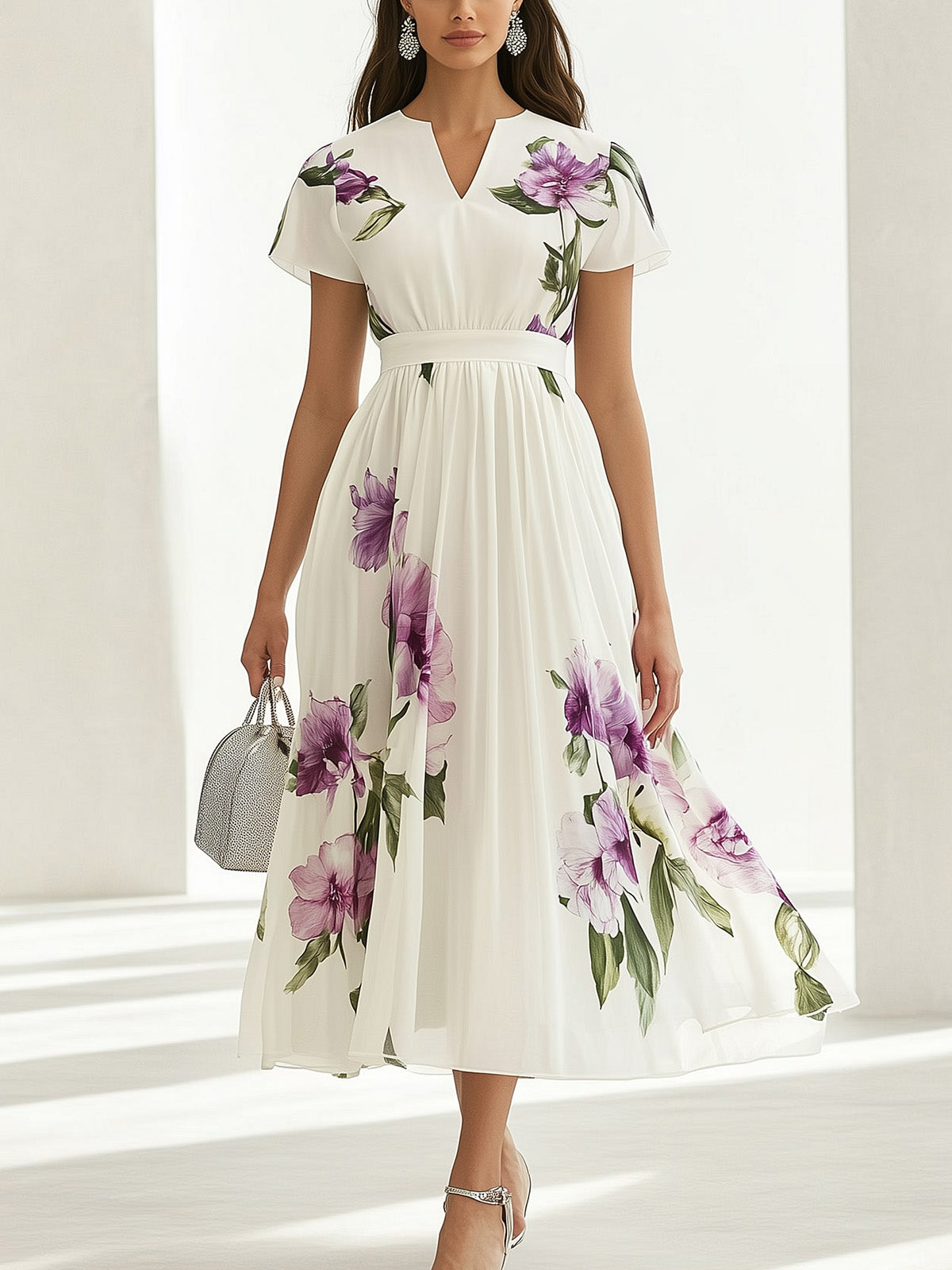 Elegant White Chiffon Floral Print A-Line Dress