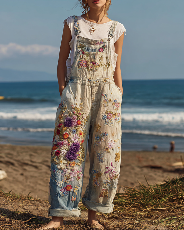 Summer Holiday Lace Handmade Floral Embroidery Overall Jeans 0e7a
