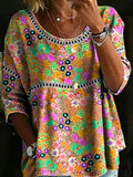 Women's Multicolor Floral Casual Loose Denim Blouse Shirt