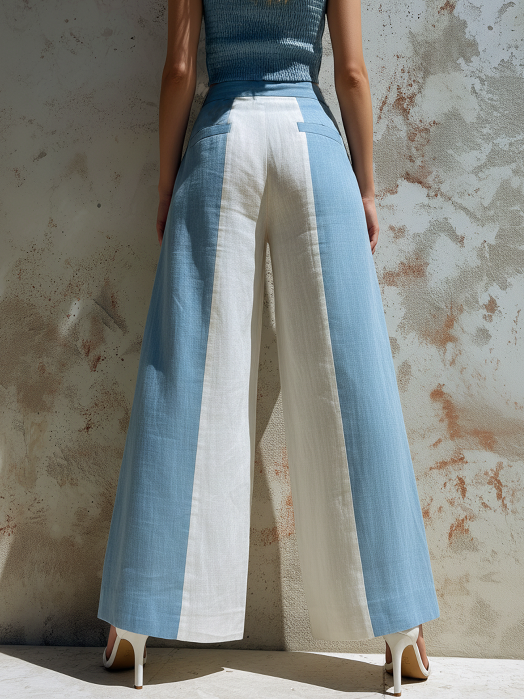Blue & White Colorblock Linen Wide Leg Pants