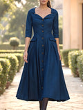 Midi Linen Dress, Half Sleeve, Shawl Collar, Plain, Button Design, Vintage, Dark Blue