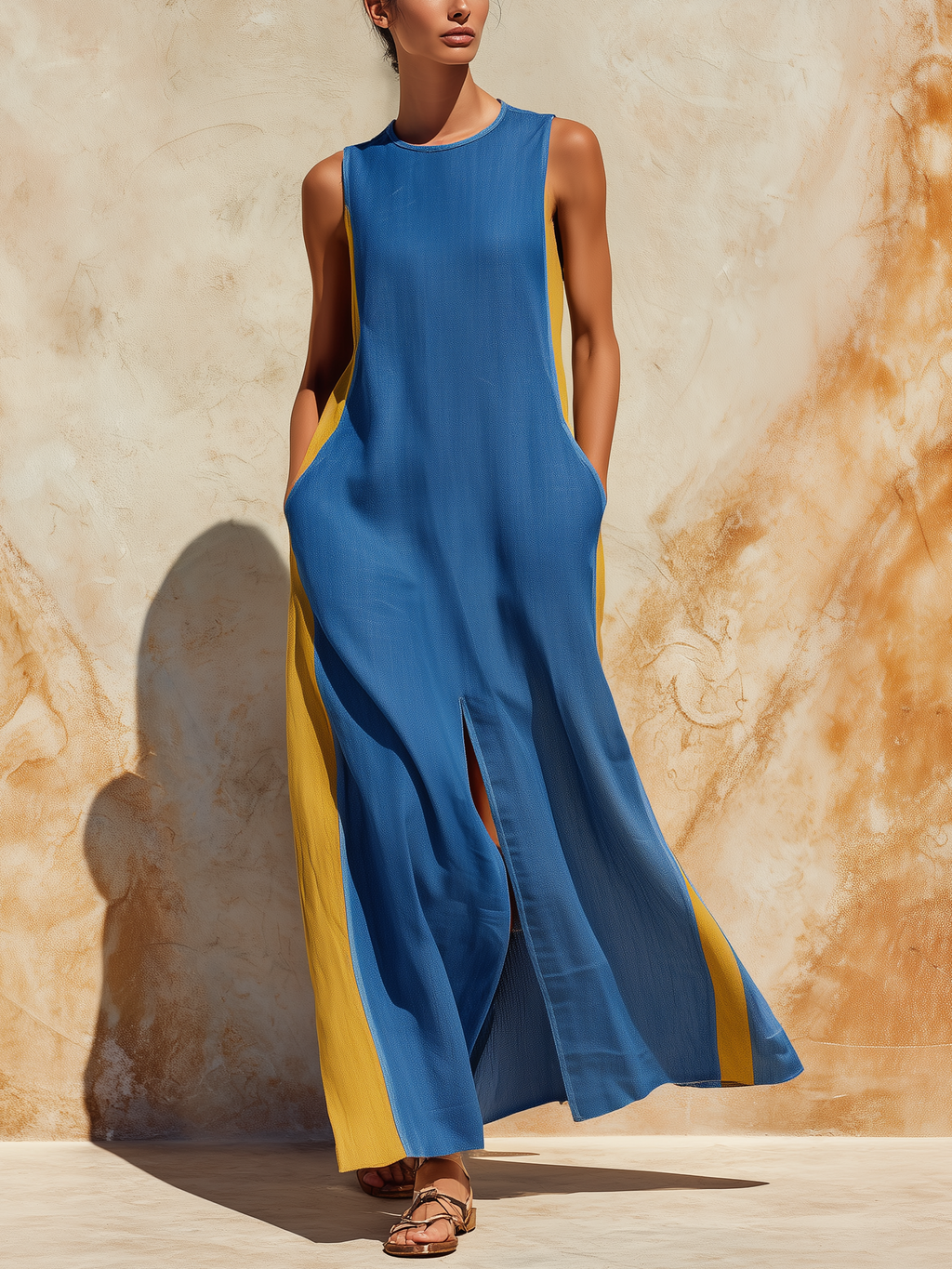 Blue & Yellow Colorblock Sleeveless Maxi Dress