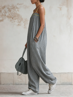 Striped Linen-Blend Balloon Jumpsuit With Contrast Straps