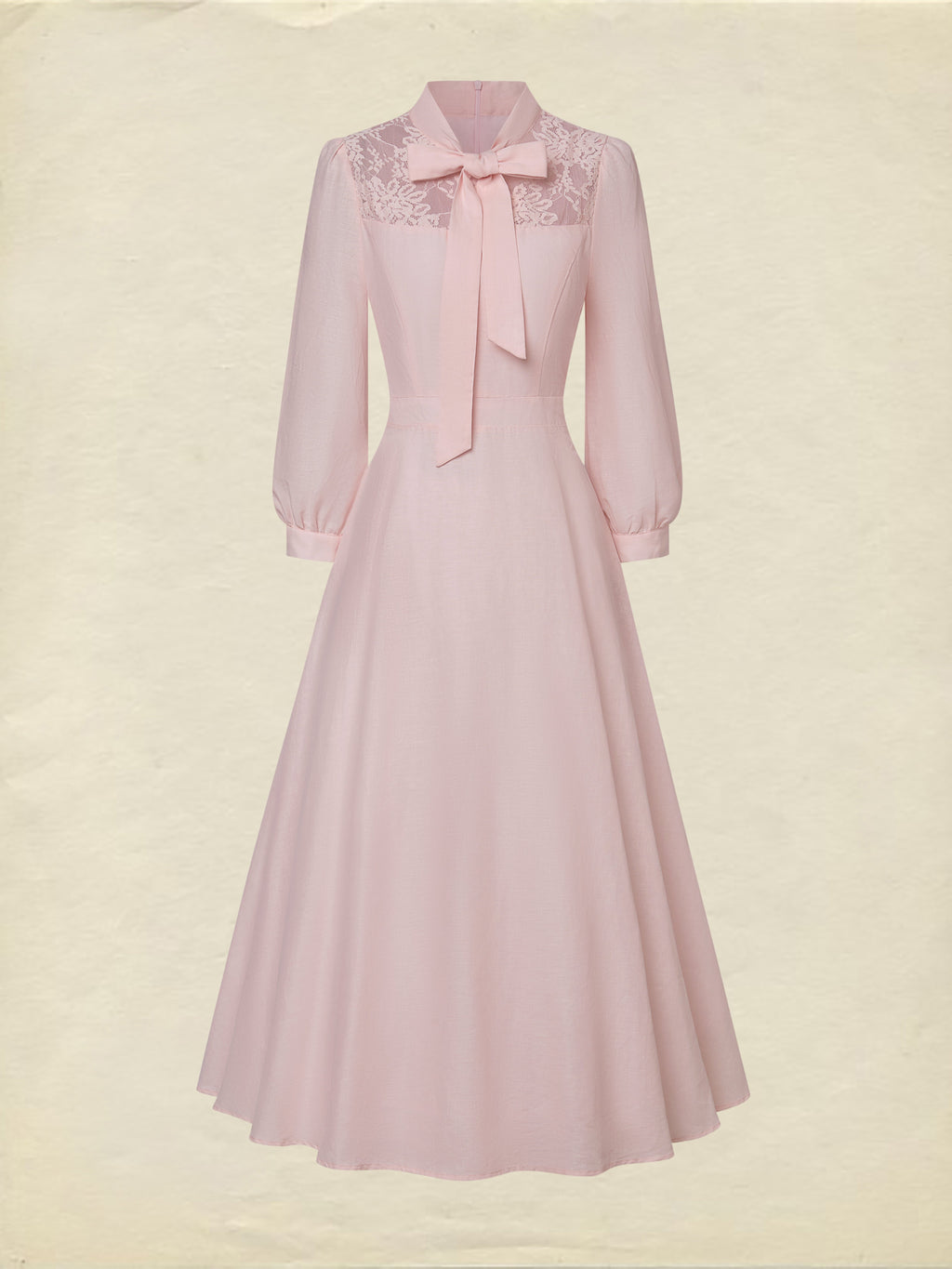 Midi Linen Dress, Half Sleeve, Plain, Lace, French Vintage, Pink