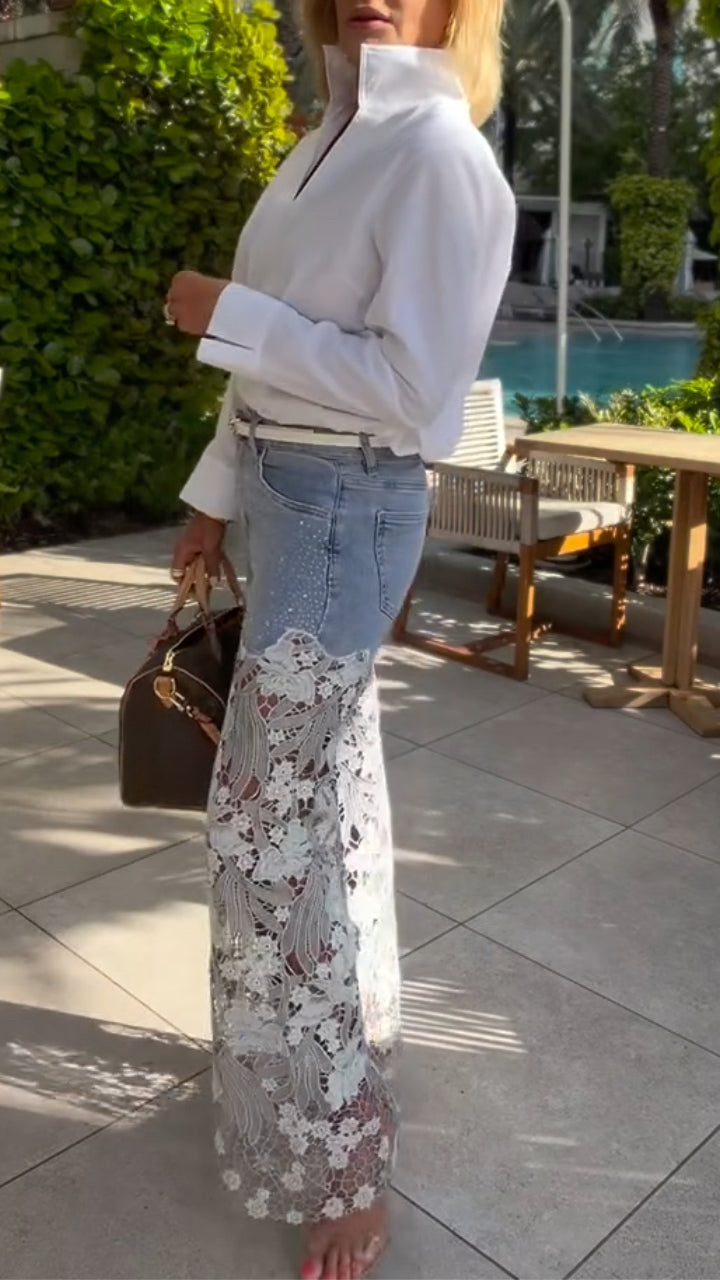 Women's Lapel Shirt + Paneled Cutout Jeans Set