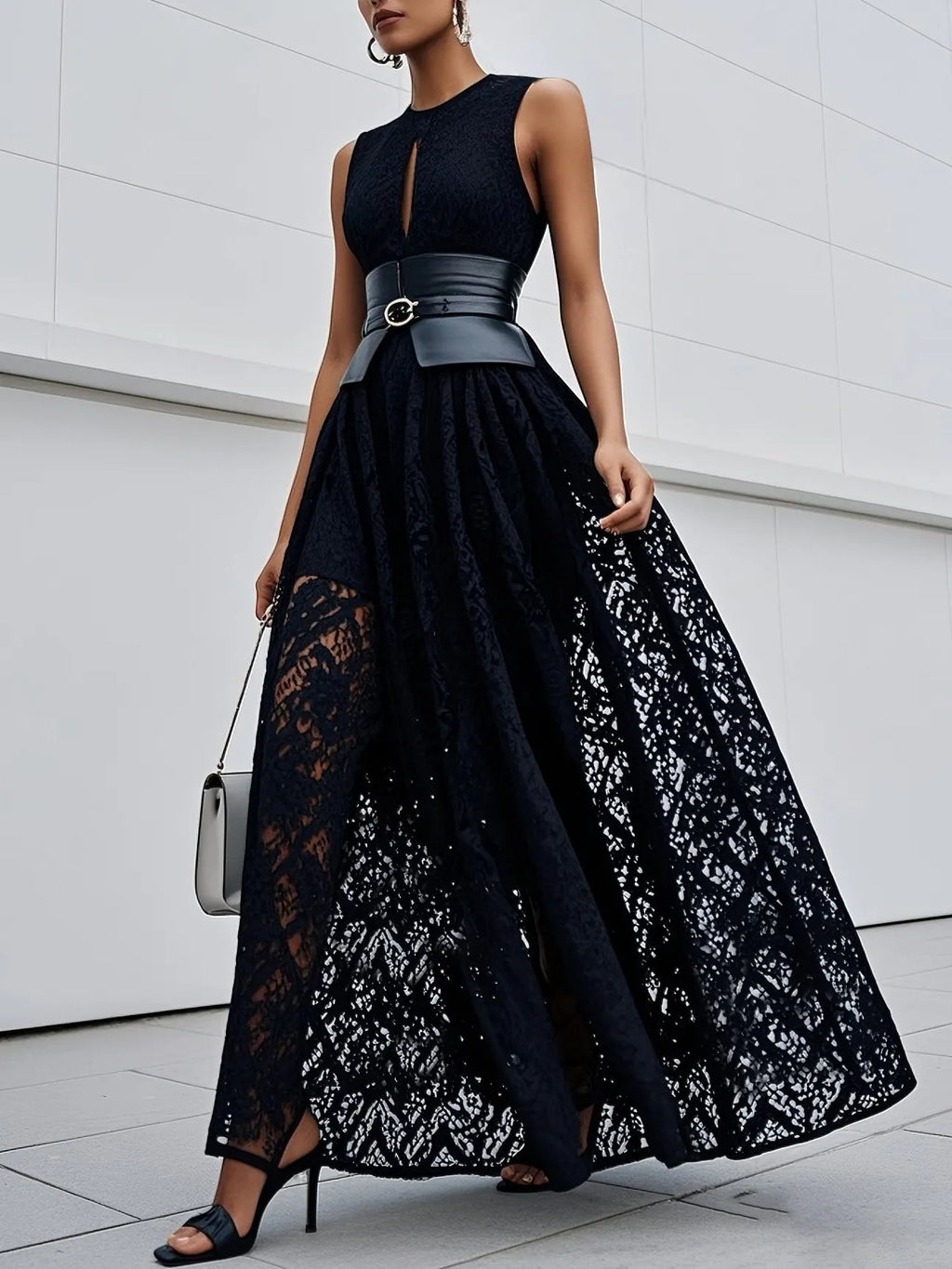 Black Lace Hollow Out Cotton Crew Neck Sleeveless A-Line Maxi Dress With Belt