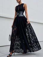 Black Lace Hollow Out Cotton Crew Neck Sleeveless A-Line Maxi Dress With Belt