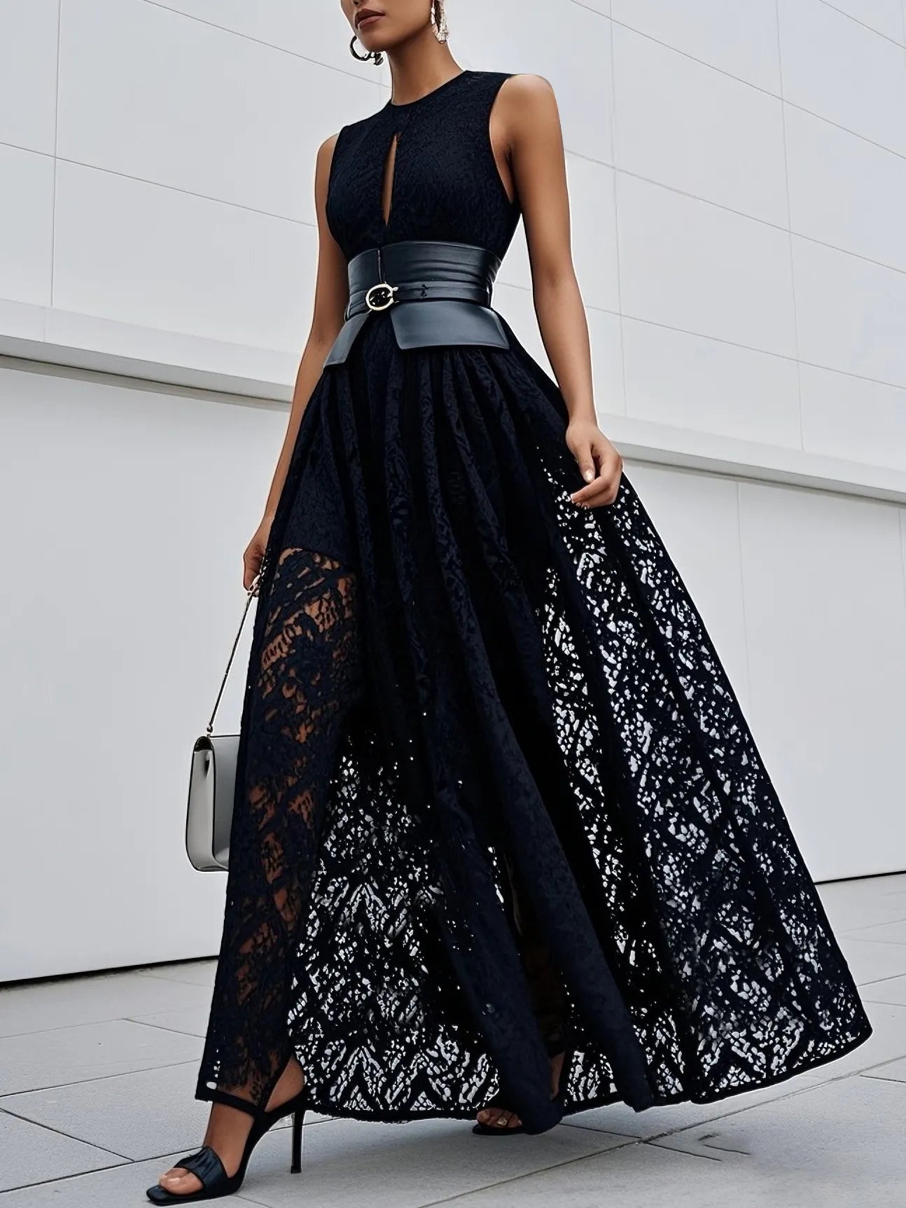 Black Lace Hollow Out Cotton Crew Neck Sleeveless A-Line Maxi Dress With Belt