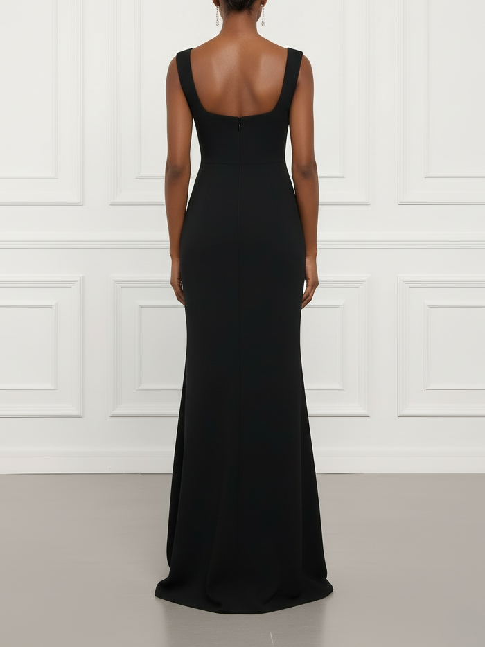 Black Applique Rhinestone Knit Square Neck Sleeveless Sheath Gown Dress