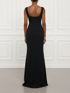 Black Applique Rhinestone Knit Square Neck Sleeveless Sheath Gown Dress