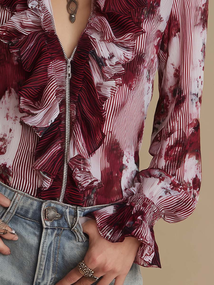 Vintage Wine Floral Ruffle Zip-Front Chiffon Blouse