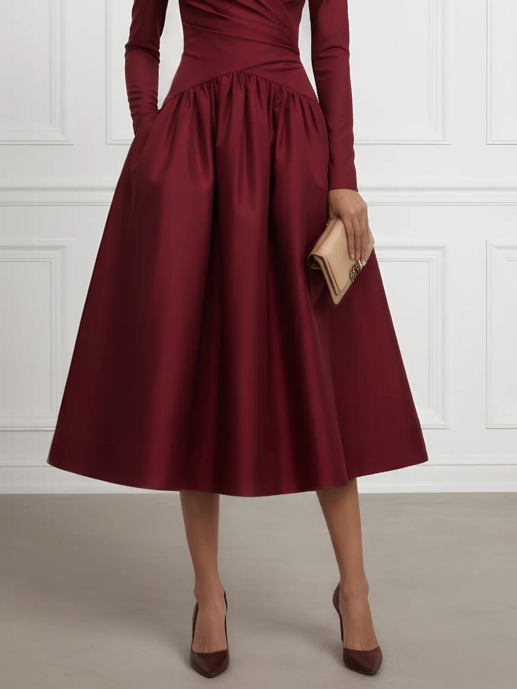 Burgundy Ruched Satin V Neck Long Sleeve A-Line Midi Dress