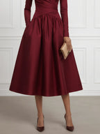 Burgundy Ruched Satin V Neck Long Sleeve A-Line Midi Dress
