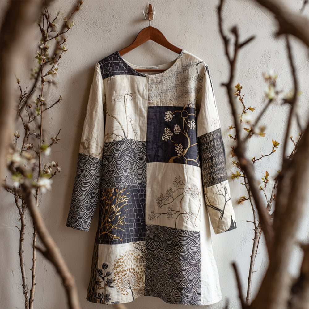 Women's Japanese Floral Patchwork Art Linen Round-neck Dress