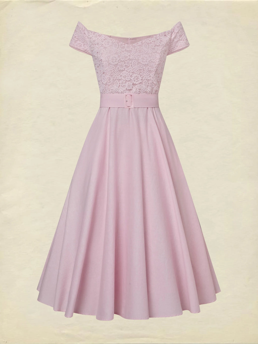 Midi Cotton Dress, Sleeveless, Off The Shoulder, Plain, Lace, French Vintage, Pink