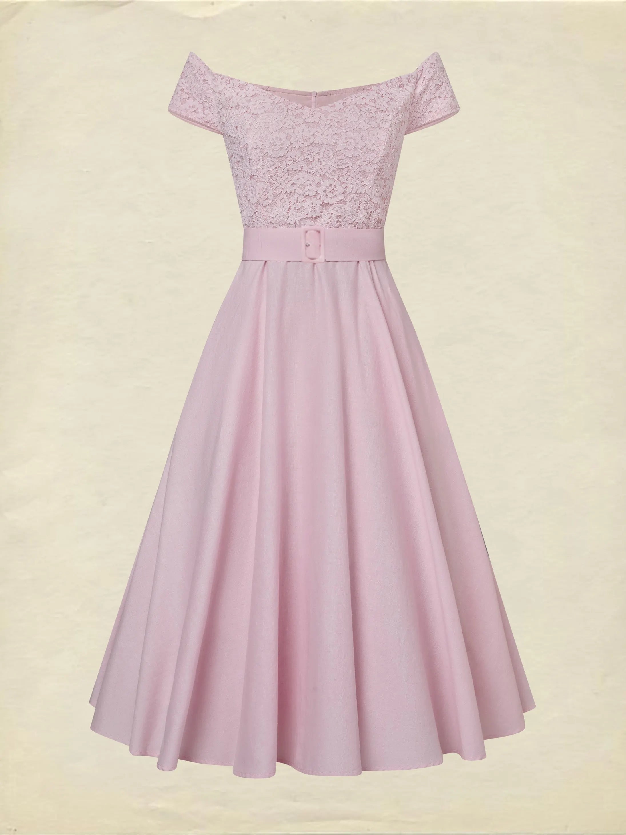 Midi Cotton Dress, Sleeveless, Off The Shoulder, Plain, Lace, French Vintage, Pink