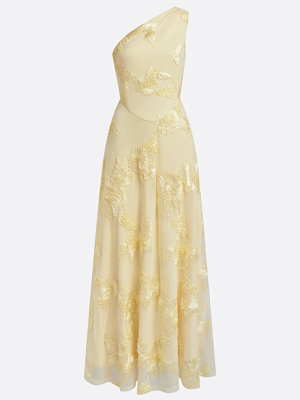 Yellow Jacquard Classic One Shoulder Sleeveless A-Line Maxi Dress