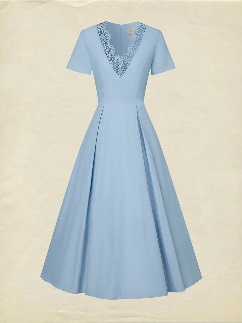 Maxi Linen Dress, Short Sleeves, V Neck, Plain, Lace, Vintage, Blue