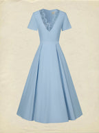Maxi Linen Dress, Short Sleeves, V Neck, Plain, Lace, Vintage, Blue