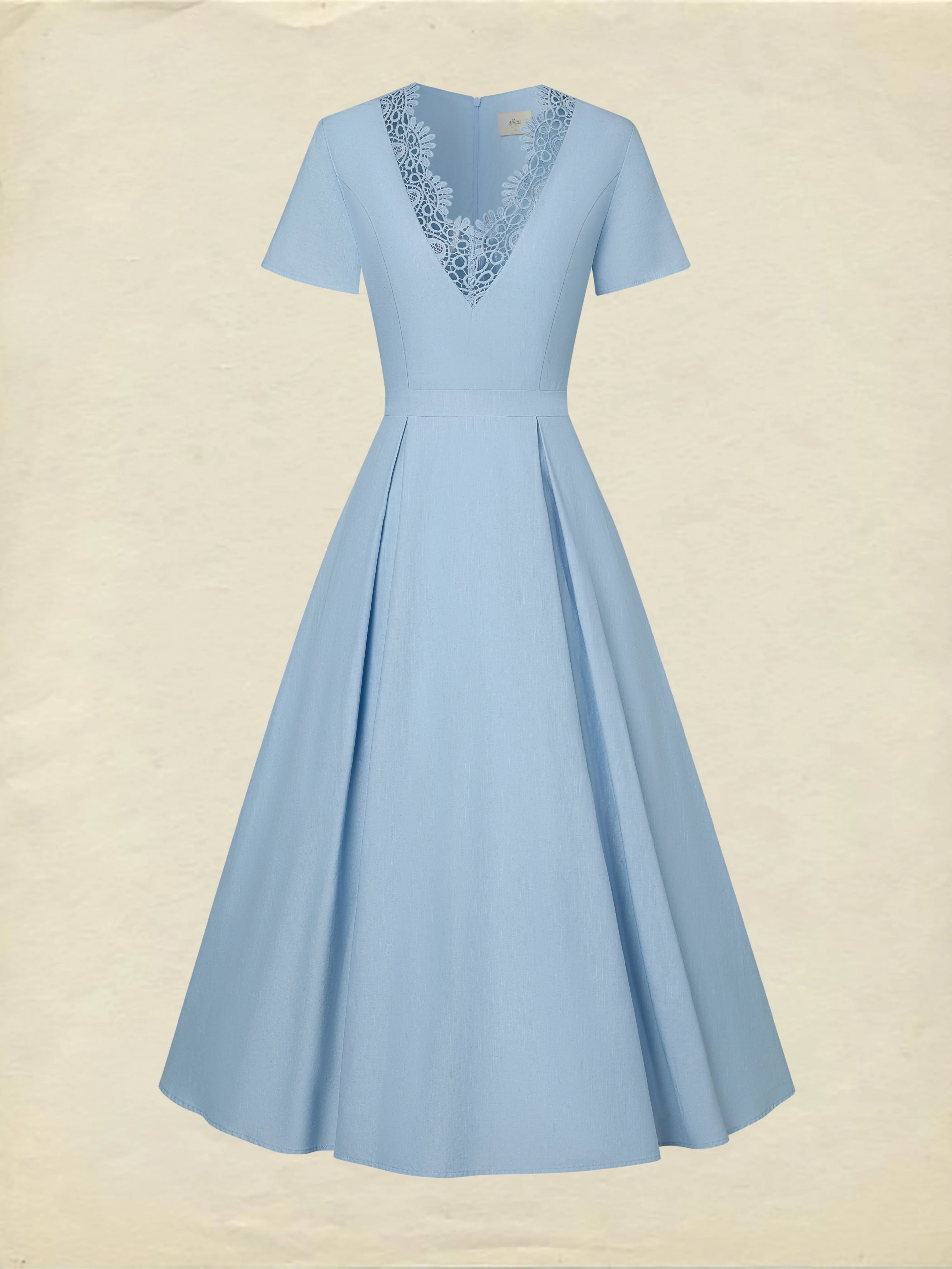 Maxi Linen Dress, Short Sleeves, V Neck, Plain, Lace, Vintage, Blue