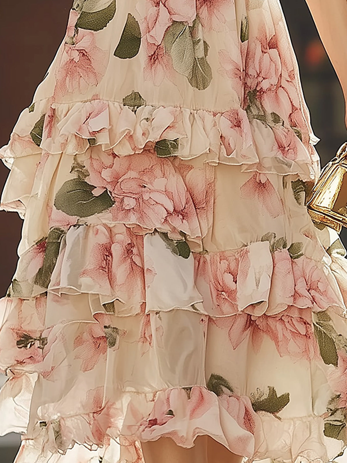 Charming Beige Chiffon Layered Dress with Pink Floral Print