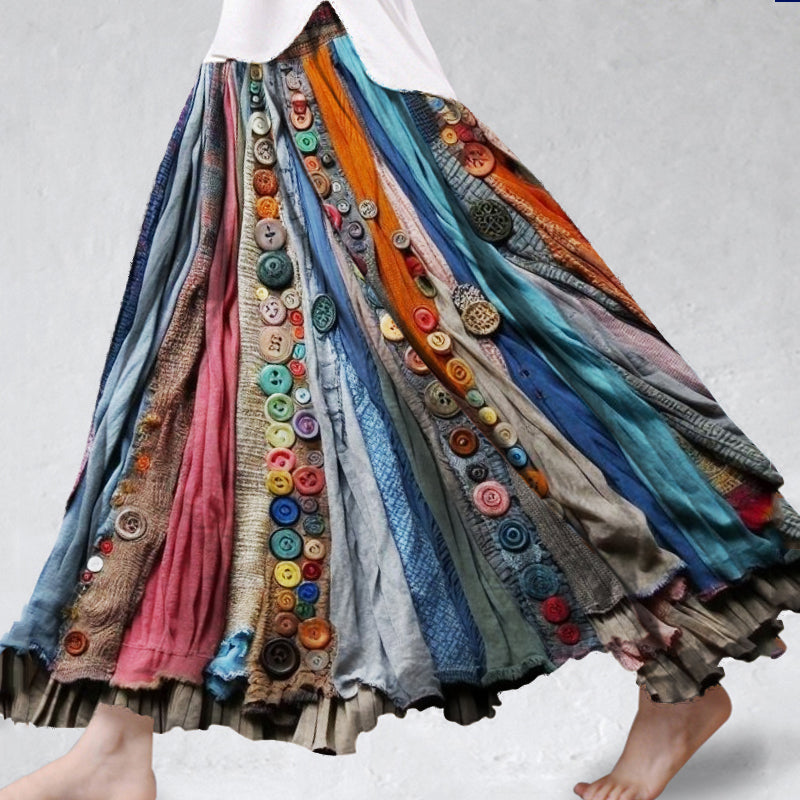 Boho Colorful Textile Flowy Linen Blend Wide Skirt f616