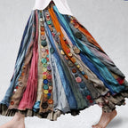 Boho Colorful Textile Flowy Linen Blend Wide Skirt f616