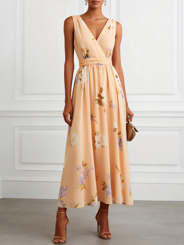 Apricot Floral Chiffon V Neck Sleeveless A-Line Maxi Dress