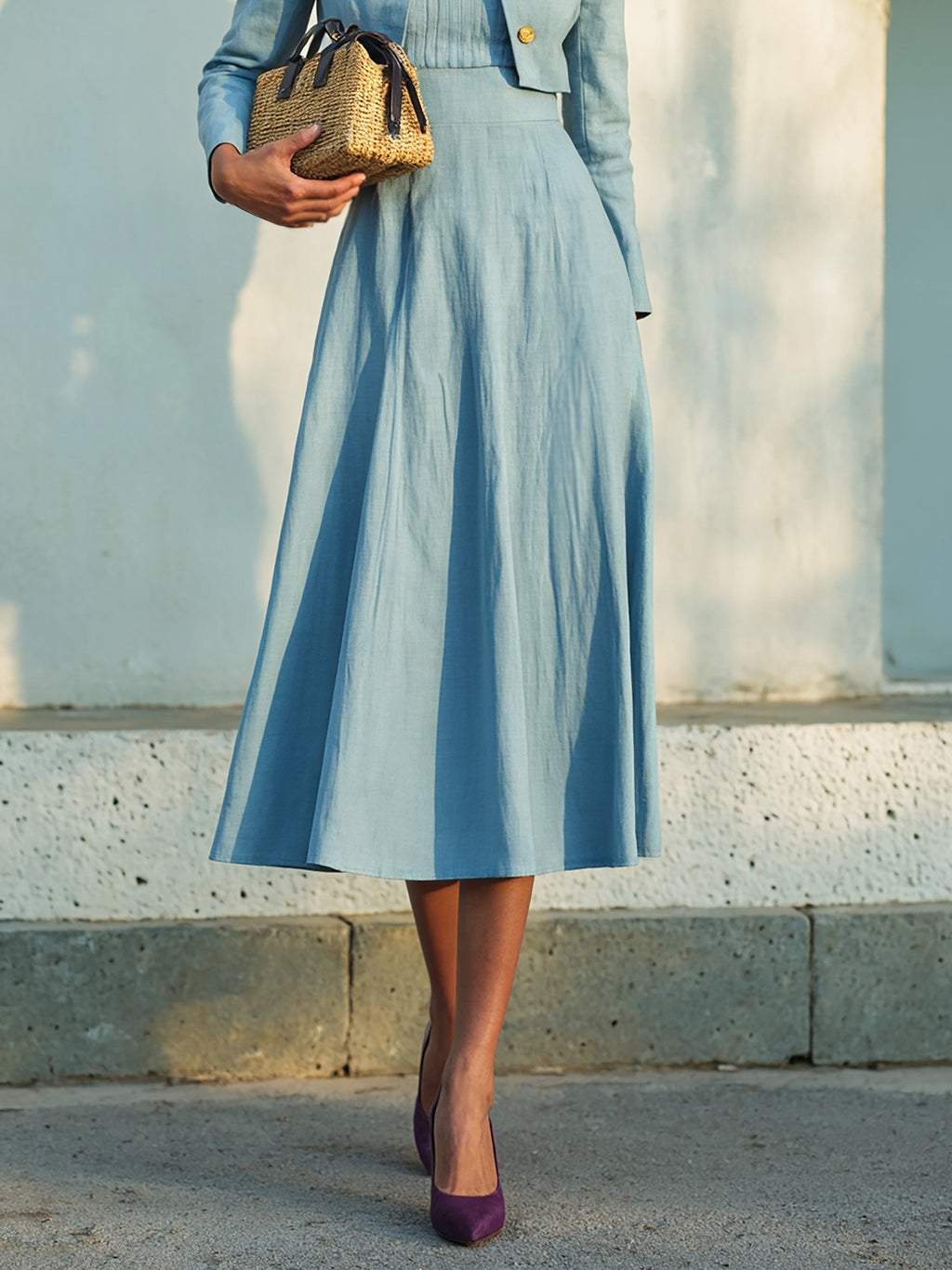 Midi Cotton Dress Set, Long Sleeves, Round Neck, Plain, Button Design, French Vintage, Blue