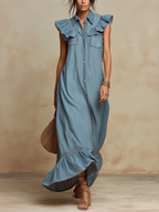 Light Wash Denim Ruffle-Sleeve Button-Down Maxi Dress