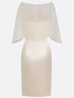 Champagne 3D Floral Mesh Satin Boat Neck Short Sleeve Sheath Midi Dress with Capelet