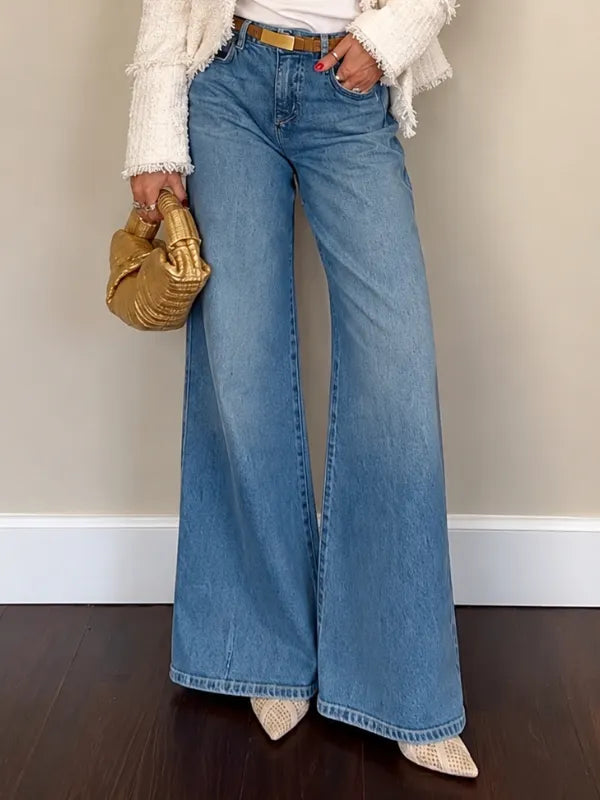 White Tweed Blazer & Wide‐Leg Denim Outfit