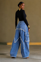 Fringe Rhinestone Star Cargo Wide Leg Jeans