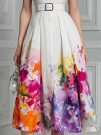 Collared Button-Front Floral A-Line Midi Dress With Belt