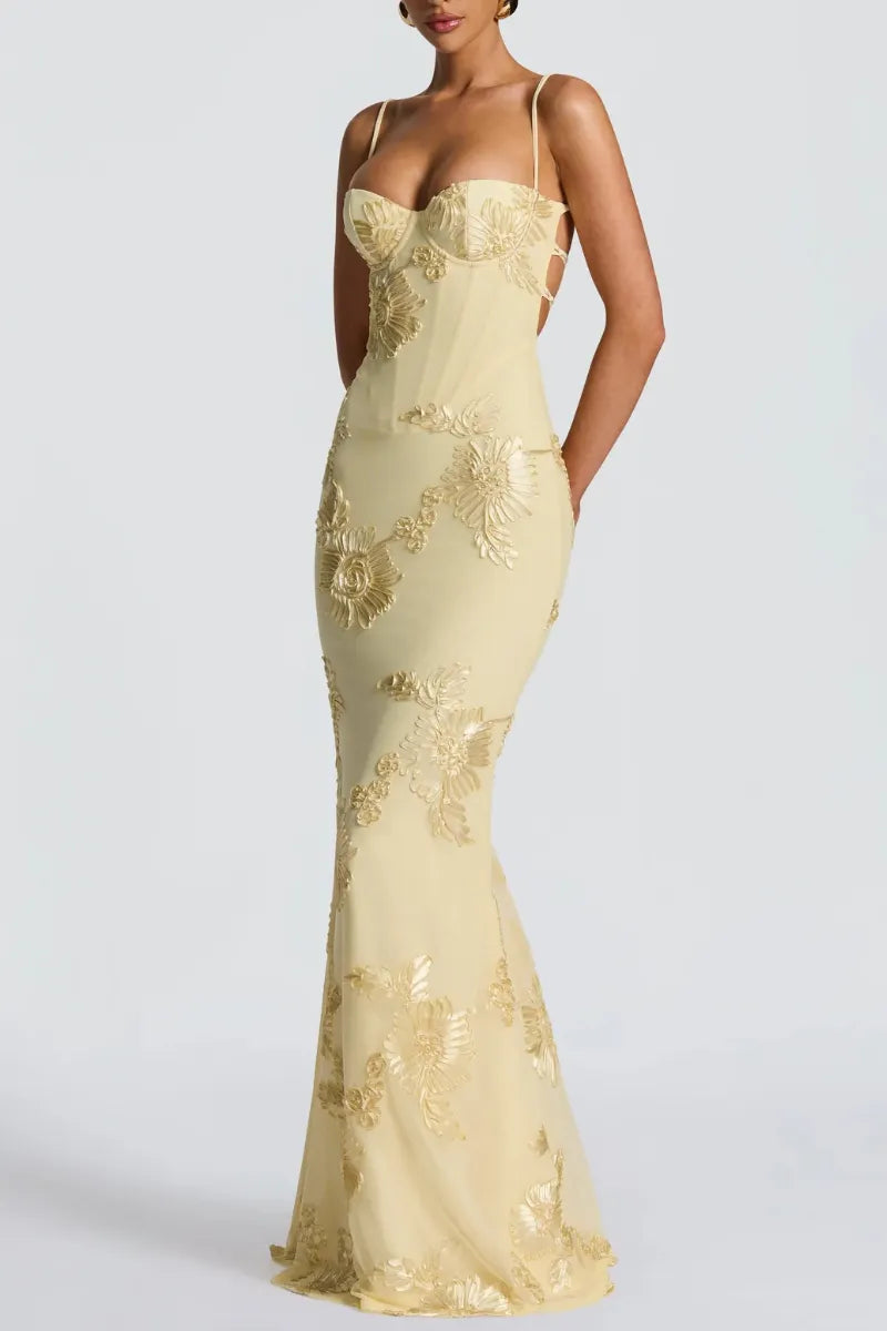 Yellow 3D Floral Mermaid Maxi Dress