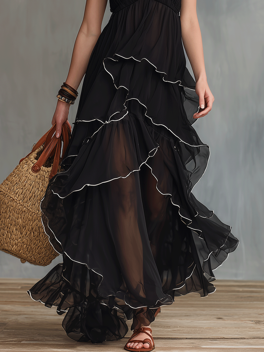 Chic Layered Tulle Boho Sheer Ruffle Halter Maxi Dress